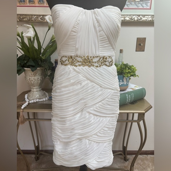 CACHE STRAPLESS GOLD BEADED RHINESTONE RESORT FORMAL WEDDING MINI DRESS SZ 12 - Picture 14 of 15